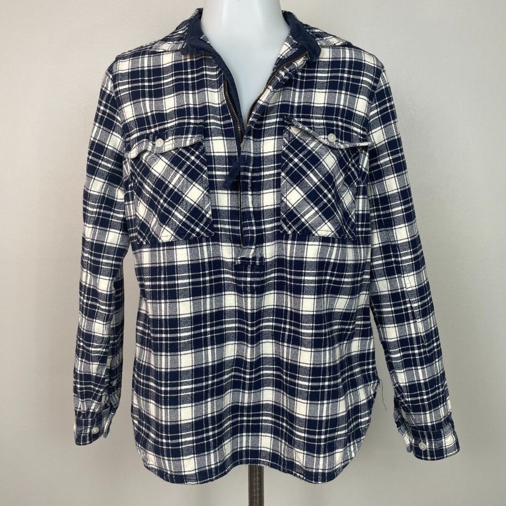J. Crew Top XS Navy Blue‎ White Plaid Flannel Half-Zip Shirt Women's